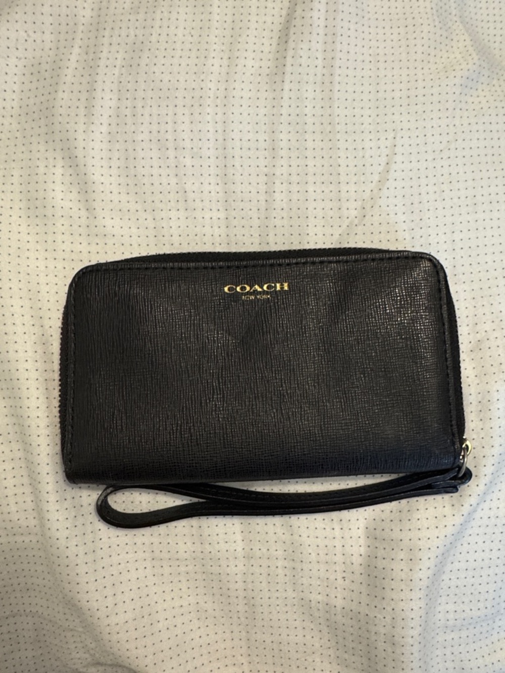 Coach Black Leather Zip-Around Wristlet with Gold Logo